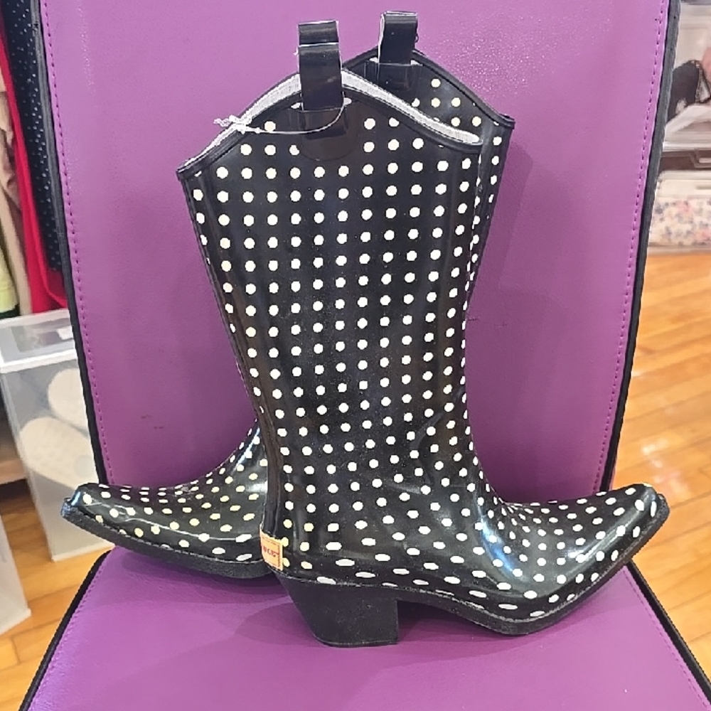 Bit & Bridle Black and White Heeled Boots with Polka Dot Pattern